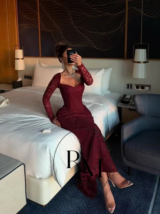 Ranmo Wine Red Lace sweetheart Long Sleeves Luxury women Evening Dresses 2026 Women Mermaid Dubai Long Party Gown Customized