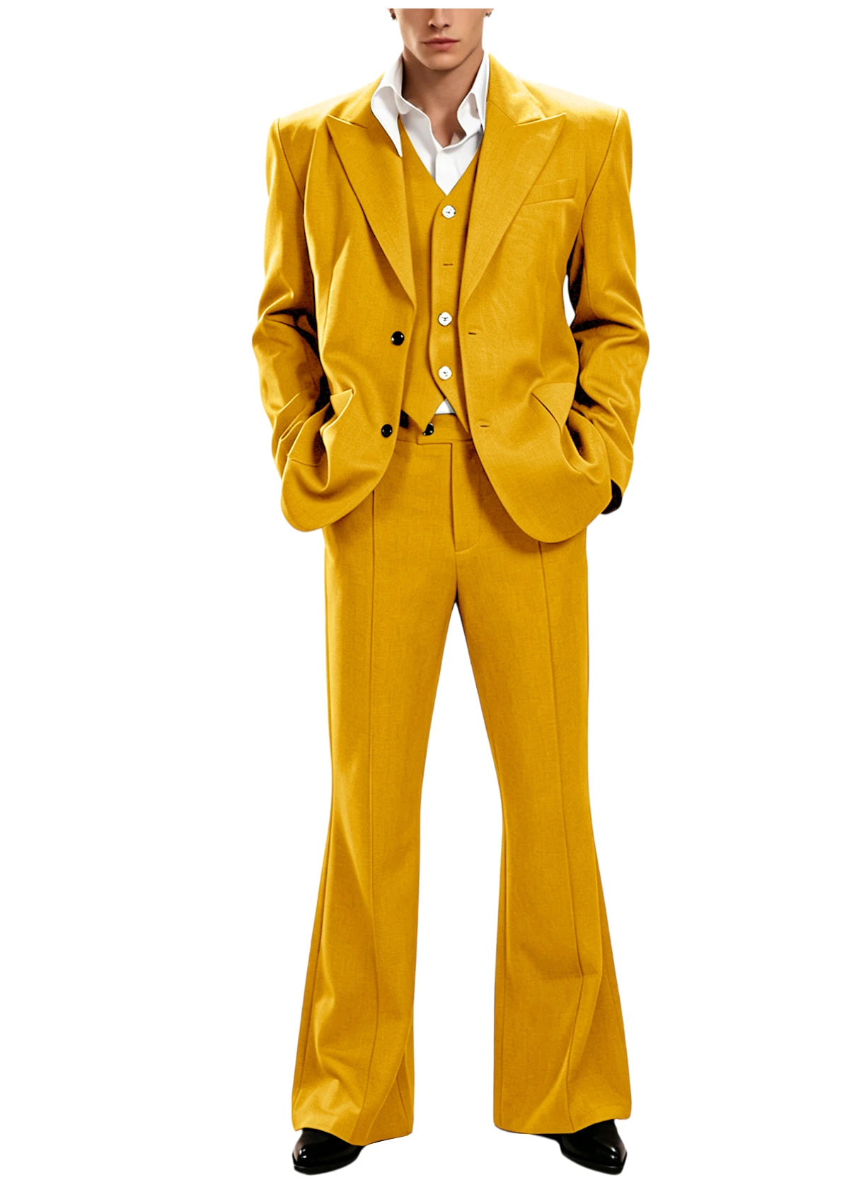 Ensemble de costume 3 pièces vintage pour homme, revers pointu, coupe ajustée, blazer croisé à 2 boutons, gilet et pantalon évasé pour occasions formelles, affaires et mariages