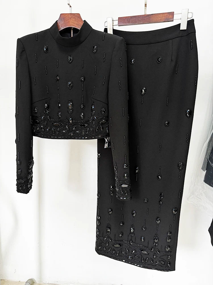 HIGH STREET Nouvelle Collection 2026 Ensemble de Créateur de Défilé de Mode pour Femme, Haut court à col montant et fermeture éclair au dos, et Jupe longue, 2 pièces