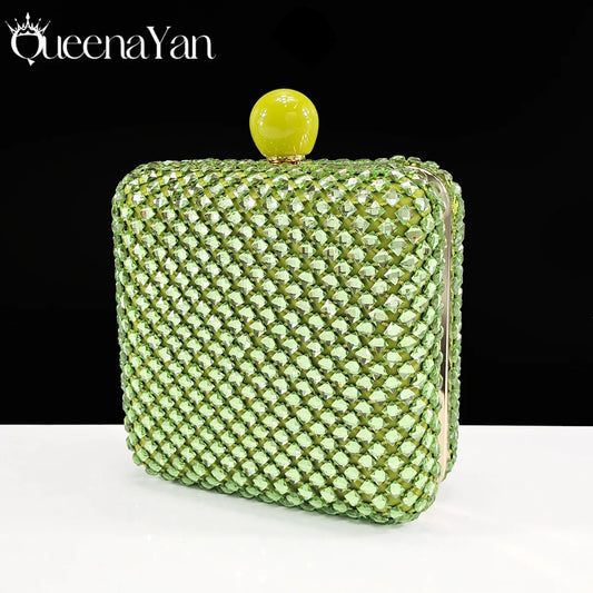 Queena Yan Design italien strass luxe couleur verte bout pointu chaussure et sac ensemble femmes talons hauts pour les fêtes de haute qualité