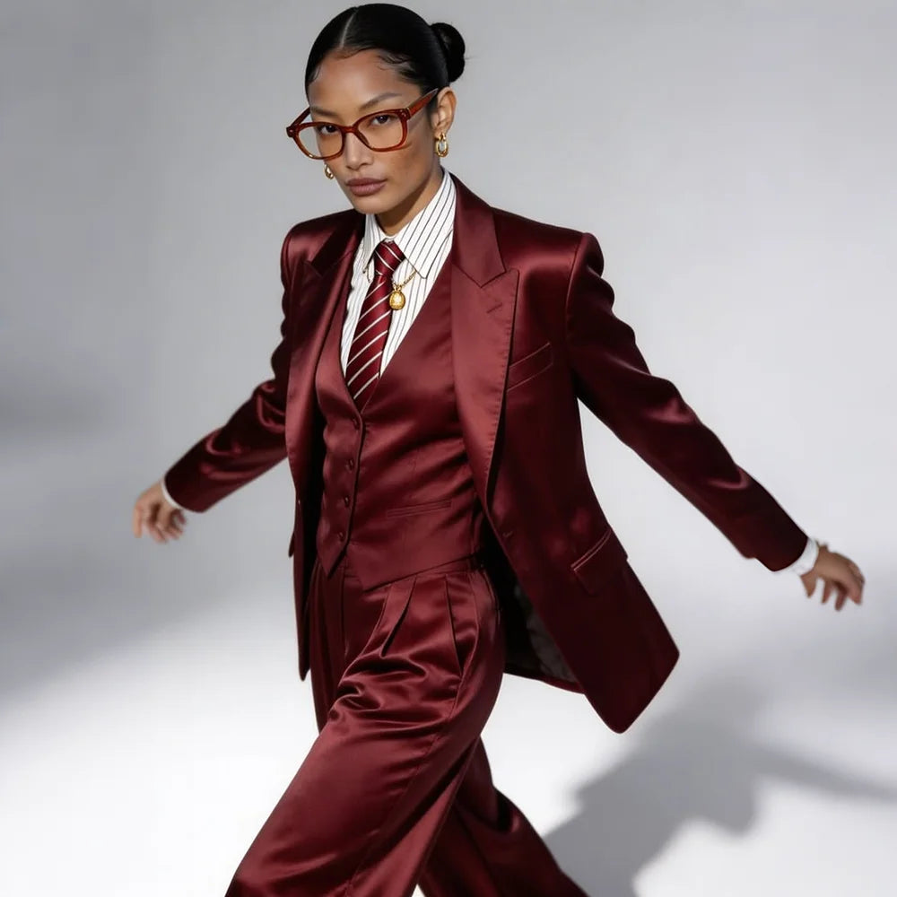 Ensemble tailleur 3 pièces professionnel en satin doré pour femme – Veste, gilet et pantalon – Tenue de soirée et d'affaires formelle