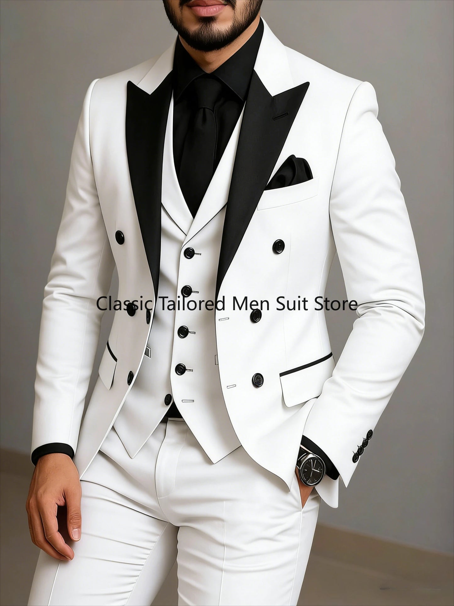 Costume beige à double boutonnage, costume de mariage ajusté à revers noir