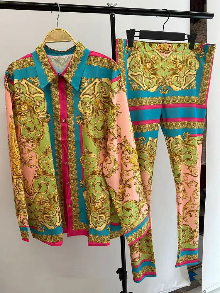 Chemise à manches longues à revers imprimé rétro pour femmes, nouveau costume + taille élastique, pantalon slim, pieds élastiques, costume deux pièces à la mode, printemps 2025