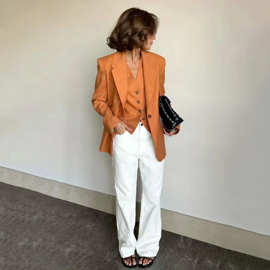 Slim Fit Women's Suits Linen Three Pieces Pant Sets High-end Single Button Notch Lapel Blazer Elegant Daily Business Office Wear