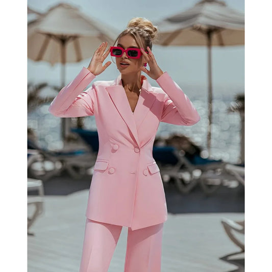 Ensemble Pantalon Rose Élégant à Double Boutonnage pour Femme, Tenue Décontractée, Slim, 03, Bal de Promo, (Veste + Pantalon), 2 Pièces