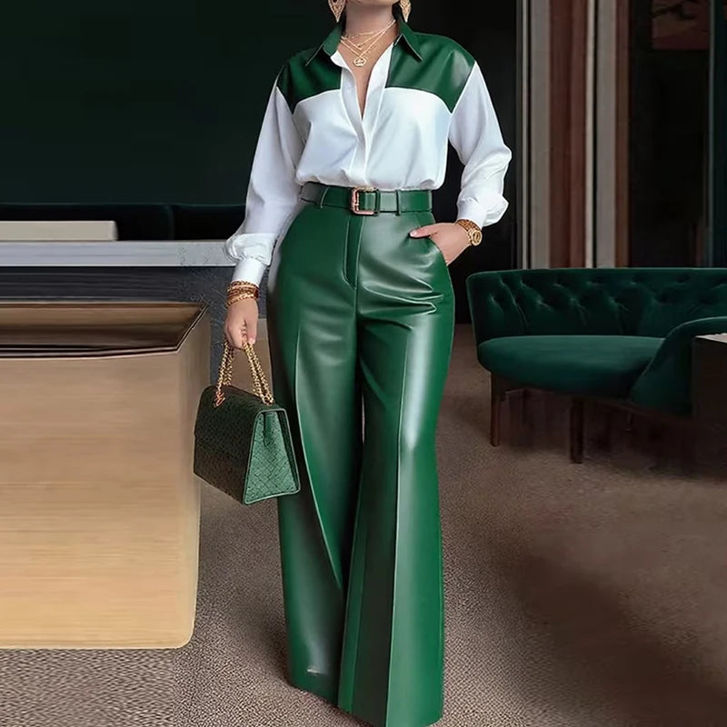 Ensemble deux pièces élégant pour femme : haut à col rabattu et manches longues avec pantalon large en similicuir – Collection Printemps-Automne 2026