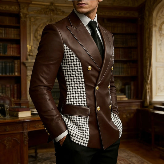 Blazer en cuir marron pour homme avec côtés à motif pied-de-poule, vintage, bicolore, double boutonnage, coupe ajustée, boutons dorés, veste de smoking en cuir