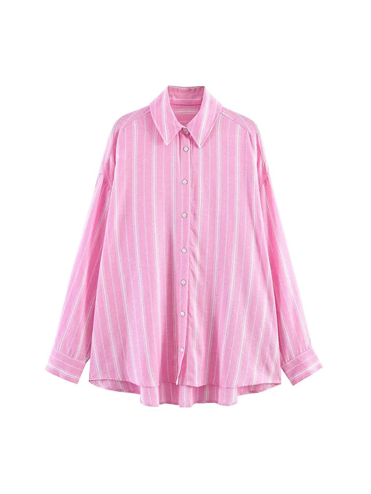TFMLN 2026 Ensemble jupe et chemise mode femme, chemise rose à rayures à manches longues, col à revers et simple boutonnage, et jupe longue plissée à empiècements