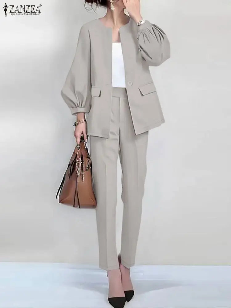 Femmes mode 2 pièces pantalon ensembles élégant col rond lanterne manches vêtements d'extérieur et crayon pantalon costumes ZANZEA printemps 2026 femme tenues