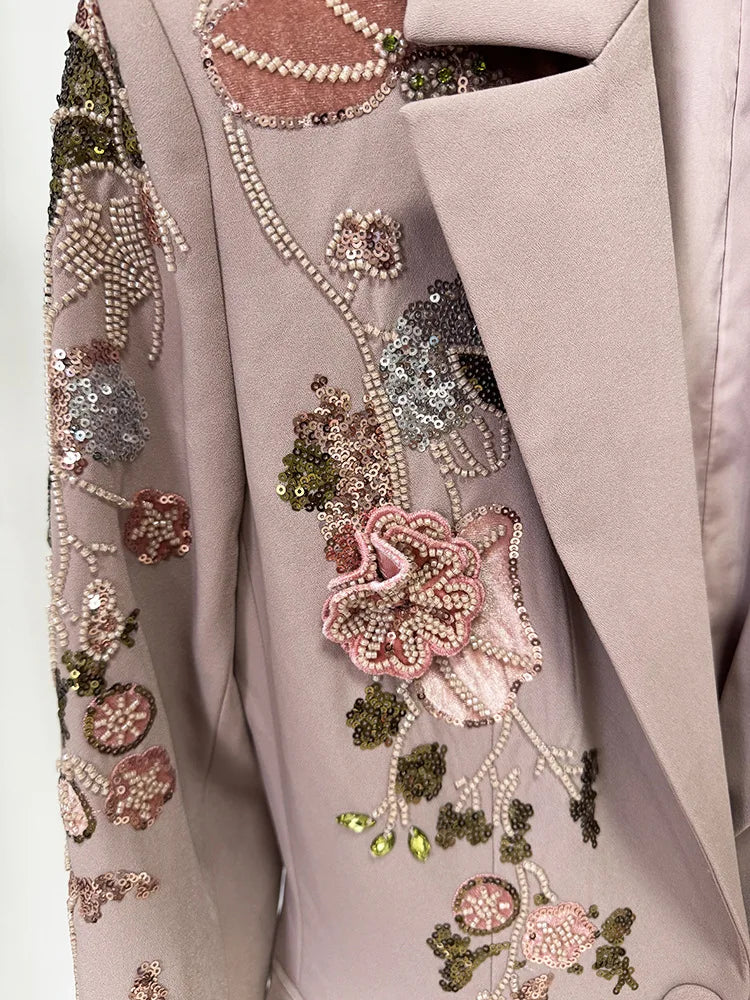 HIGH STREET – ensemble de costume de défilé de styliste pour femmes, Blazer perlé à fleurs 3D, pantalon à jambes larges, nouvelle collection