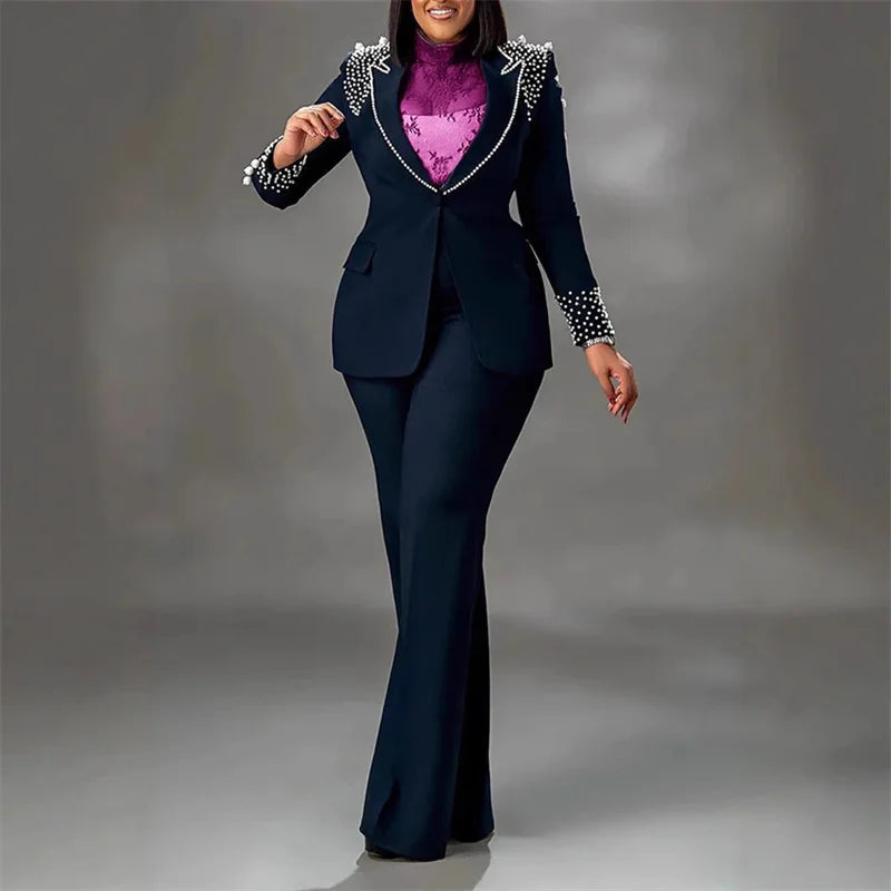 Blazer et pantalon à jambes larges pour femmes, ensembles assortis, manteau en perles d'affaires, olympiques formels élégants, luxe, dame de bureau, club, ensemble de 2 pièces