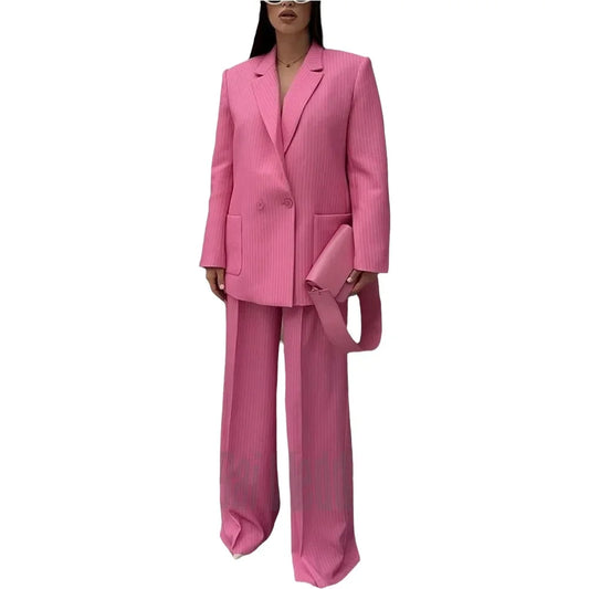 Ensemble tailleur chic pour femme à rayures fines, rose, double boutonnage, col cranté, classique, élégant, tenue de bureau décontractée, deux pièces