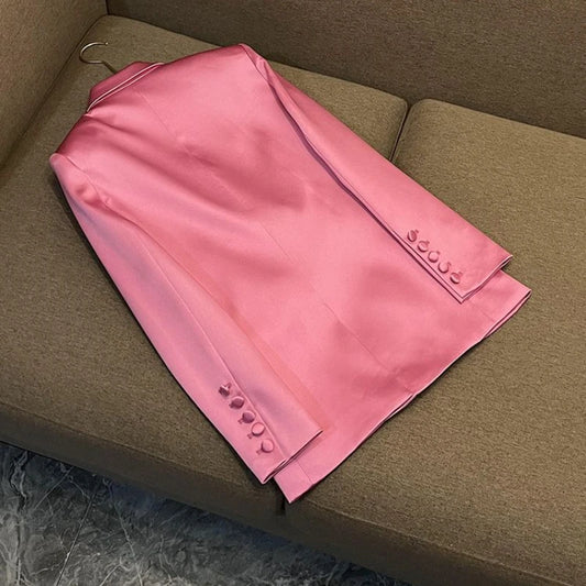 Blazer Slim Fit en satin rose, jupe couvrant les hanches, à la mode, ensemble deux pièces