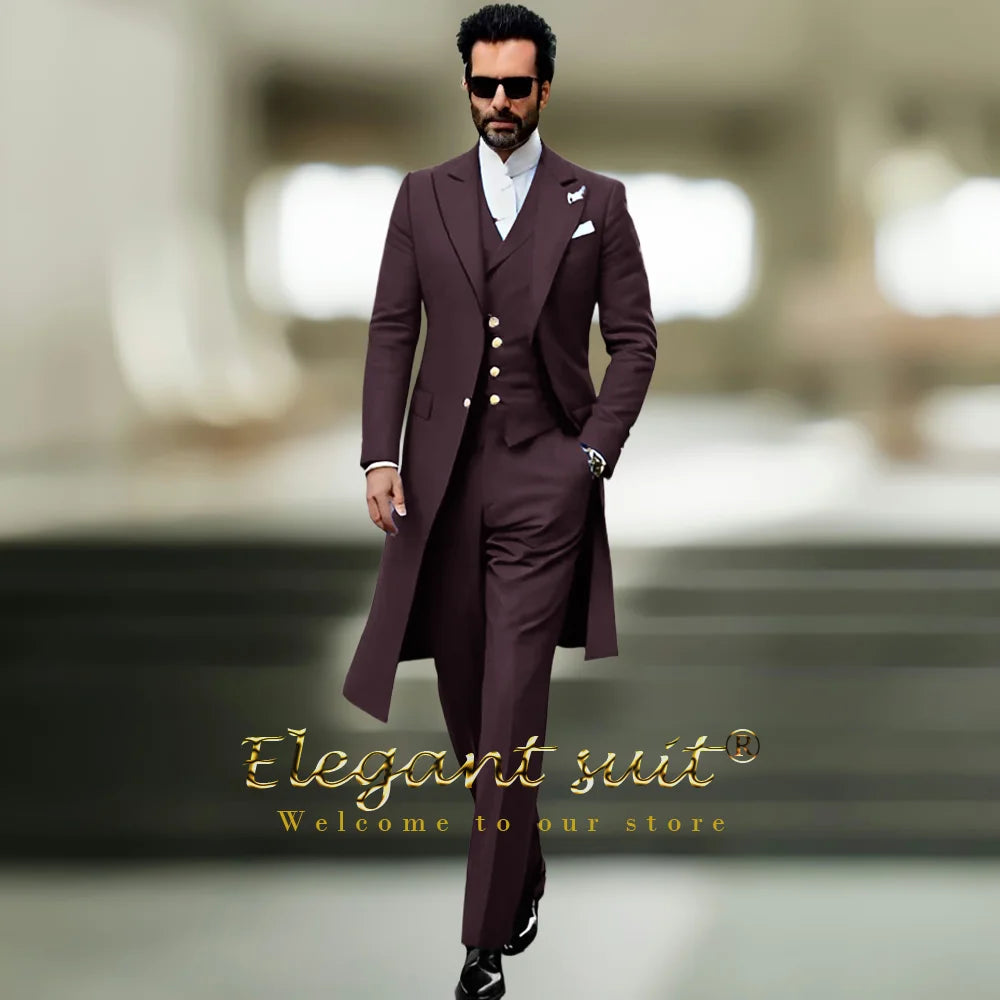 Costume long à revers de pistolet pour hommes, gilet et pantalon, costume 3 pièces, costume ajusté élégant personnalisé pour fête, banquet, célébration, mariage