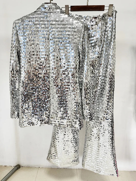 Ensemble tailleur élégant pour femme, collection 2026, avec blazer en maille à sequins et bouton unique, et pantalon – Nouveauté HIGH STREET