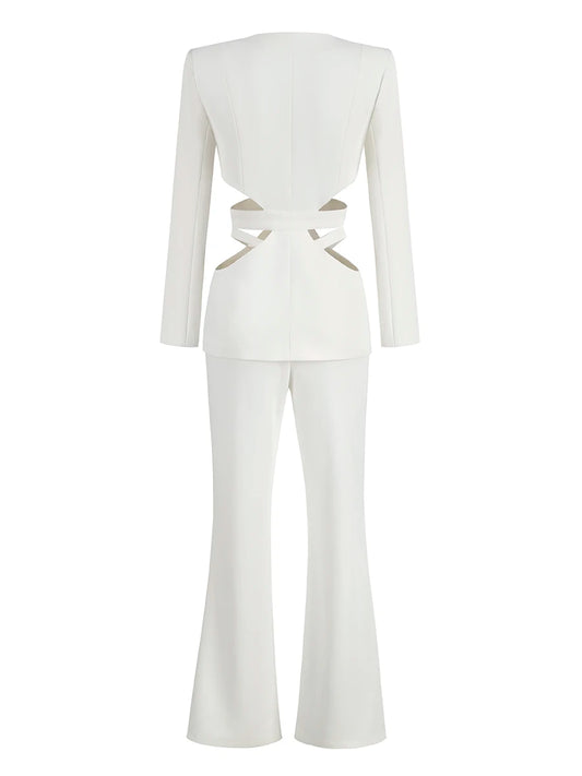 Ensembles de pantalons baggy trempés pour femmes, blazers courts à revers, veste d'automne, manches longues, taille basse, évider, fjgy, 2 pièces