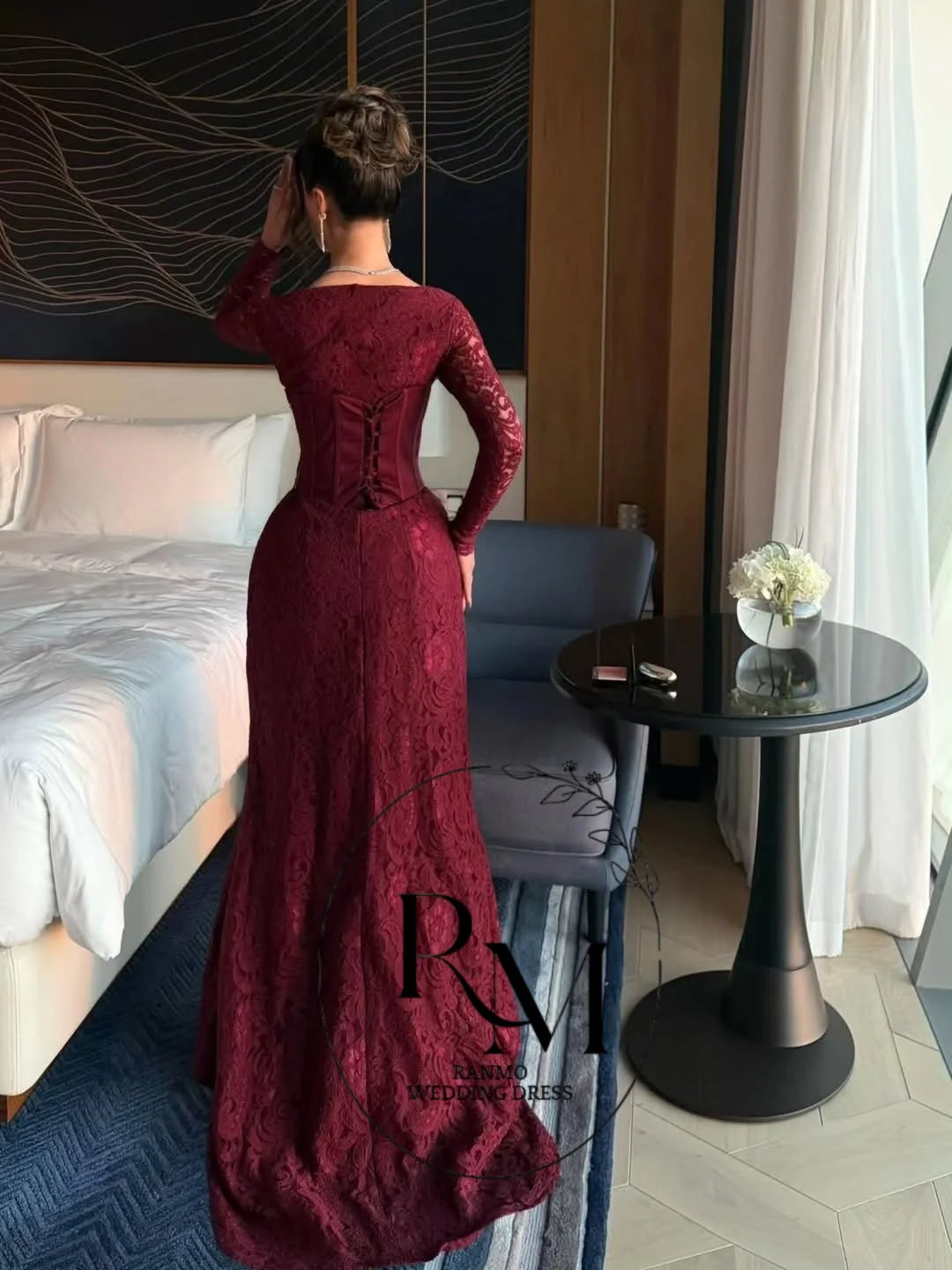 Ranmo Wine Red Lace sweetheart Long Sleeves Luxury women Evening Dresses 2026 Women Mermaid Dubai Long Party Gown Customized