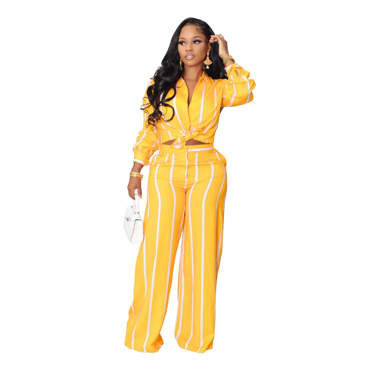Women Outfit Two Piece Set Elegant Blouse Striped Print Long Sleeve Loose Fit Casual Summer Wear Female Clothing Sets Style