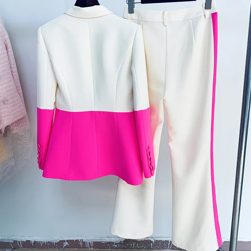 Ensemble de costume de créateur HIGH STREET, nouvelle collection 2026, pour femme, blazer à bouton unique, bloc de couleur, pantalon évasé
