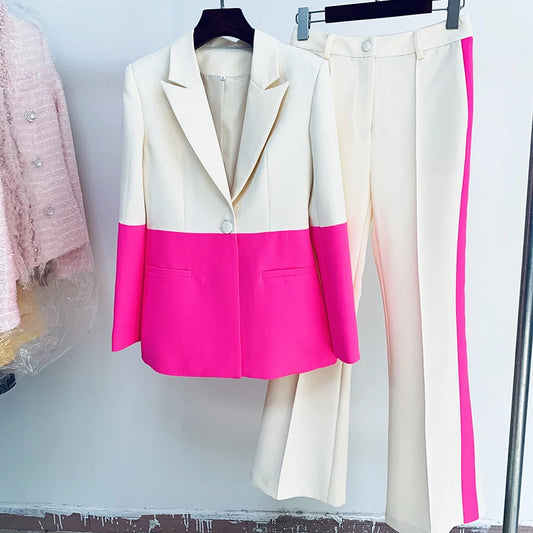 Ensemble de costume de créateur HIGH STREET, nouvelle collection 2026, pour femme, blazer à bouton unique, bloc de couleur, pantalon évasé