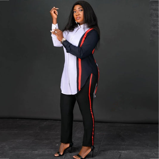 Ensemble 2 deux pièces imprimé à rayures, chemisier à manches longues, hauts et pantalons, ensemble gaine assortie pour femmes, tenue à la mode, printemps automne