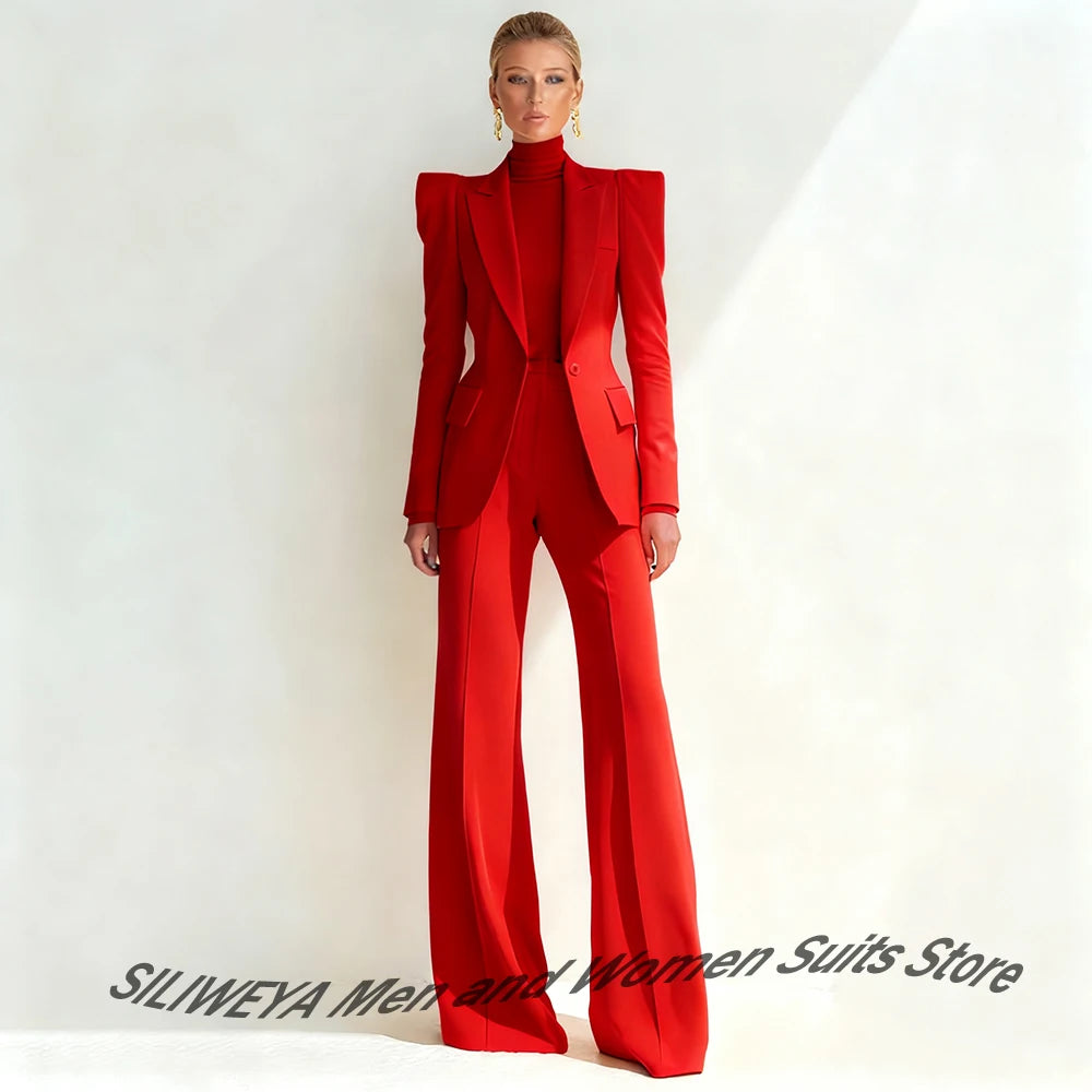 Costume rouge professionnel pour femmes, revers à pointe, bouton unique, Blazer élégant et pantalon évasé, ensemble 2 pièces, vêtements de bureau formels
