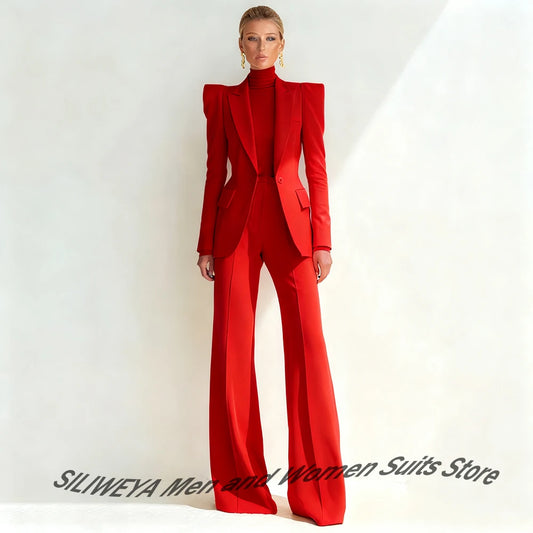 Costume rouge professionnel pour femmes, revers à pointe, bouton unique, Blazer élégant et pantalon évasé, ensemble 2 pièces, vêtements de bureau formels