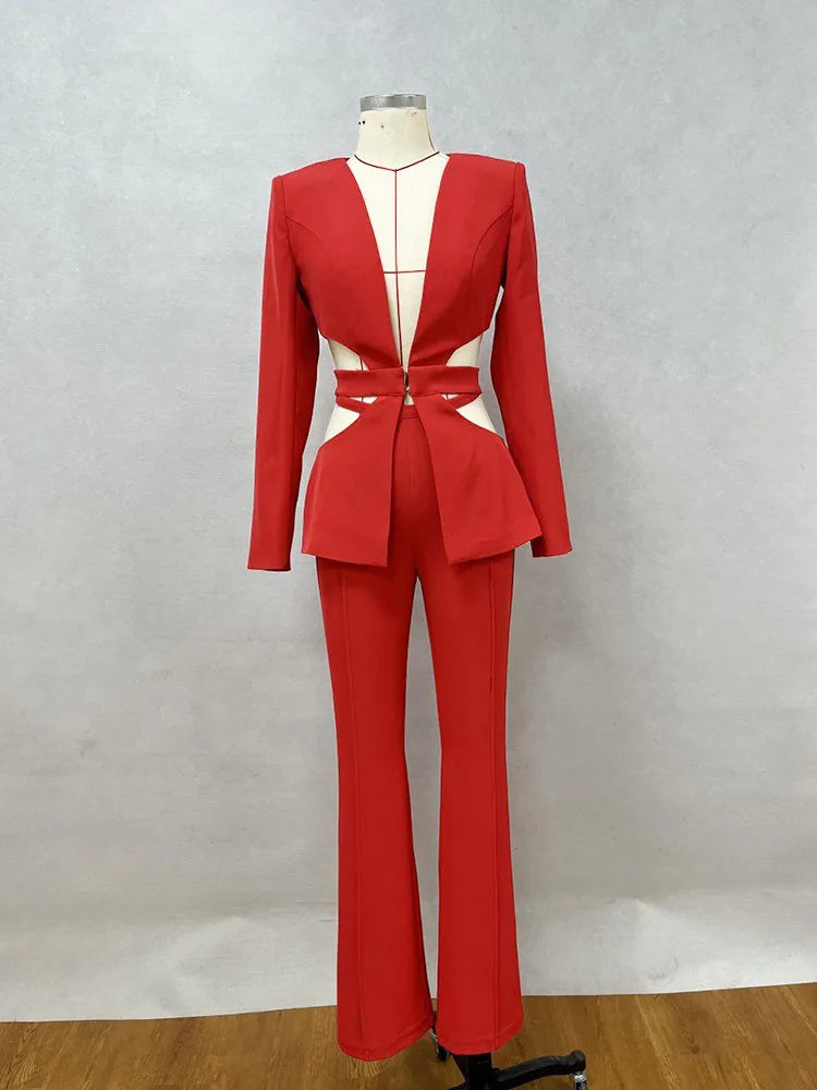 Ensembles de pantalons baggy trempés pour femmes, blazers courts à revers, veste d'automne, manches longues, taille basse, évider, fjgy, 2 pièces