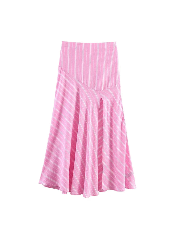 TFMLN 2026 Ensemble jupe et chemise mode femme, chemise rose à rayures à manches longues, col à revers et simple boutonnage, et jupe longue plissée à empiècements