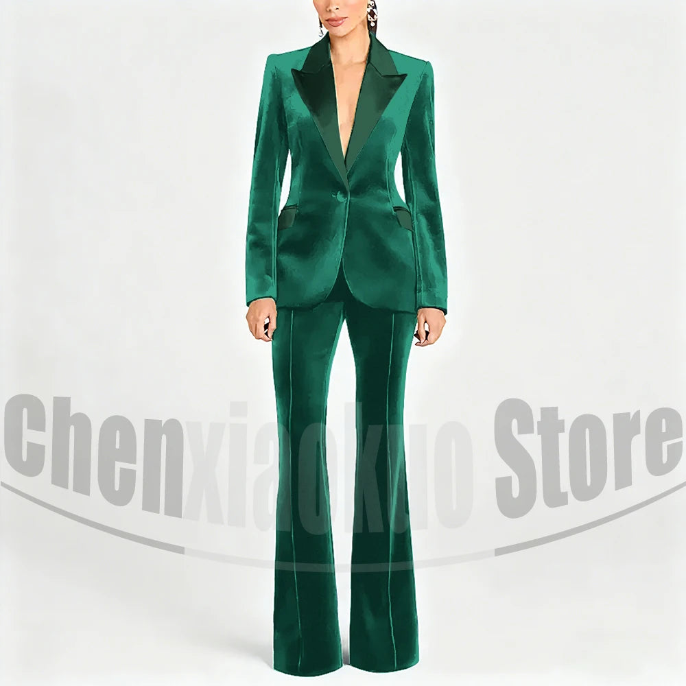 Ensemble de costume en velours pour femmes, Blazer à un bouton et pantalon évasé, vêtements de cérémonie élégants pour soirée, bal, tenue Slim, deux pièces