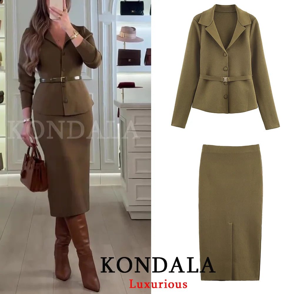 KONDALA décontracté Chic vert femmes tricot costumes à manches longues col en V mince Cardigans gaine fendue Midi jupes mode 2025 ensembles Vintage