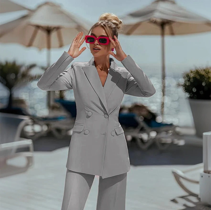 Ensemble Pantalon Rose Élégant à Double Boutonnage pour Femme, Tenue Décontractée, Slim, 03, Bal de Promo, (Veste + Pantalon), 2 Pièces