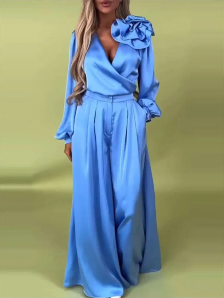 Costume décontracté de couleur unie pour femmes, magnifique et élégant, col en v, haut à manches longues, pantalon à jambes larges, ensemble deux pièces