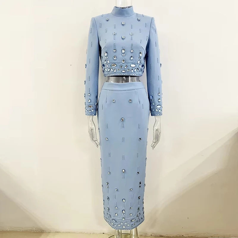 HIGH STREET Nouvelle Collection 2026 Ensemble de Créateur de Défilé de Mode pour Femme, Haut court à col montant et fermeture éclair au dos, et Jupe longue, 2 pièces