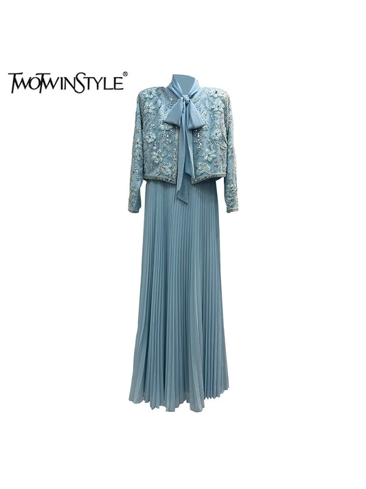 TWOTWINSTYLE Hit couleur deux pièces ensemble pour femmes col rond à manches longues manteau épissé à lacets sans manches taille haute robe ensembles femme
