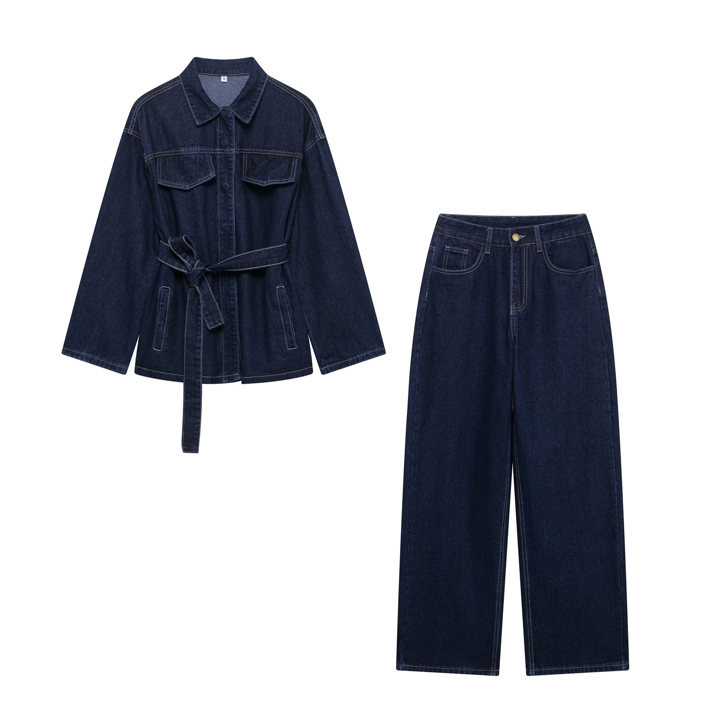 DUOPERI femmes mode 2 pièces ensembles avec ceinture vestes en jean et Vintage avant fermeture éclair jean pantalon Feamle Chic dame pantalons ensembles