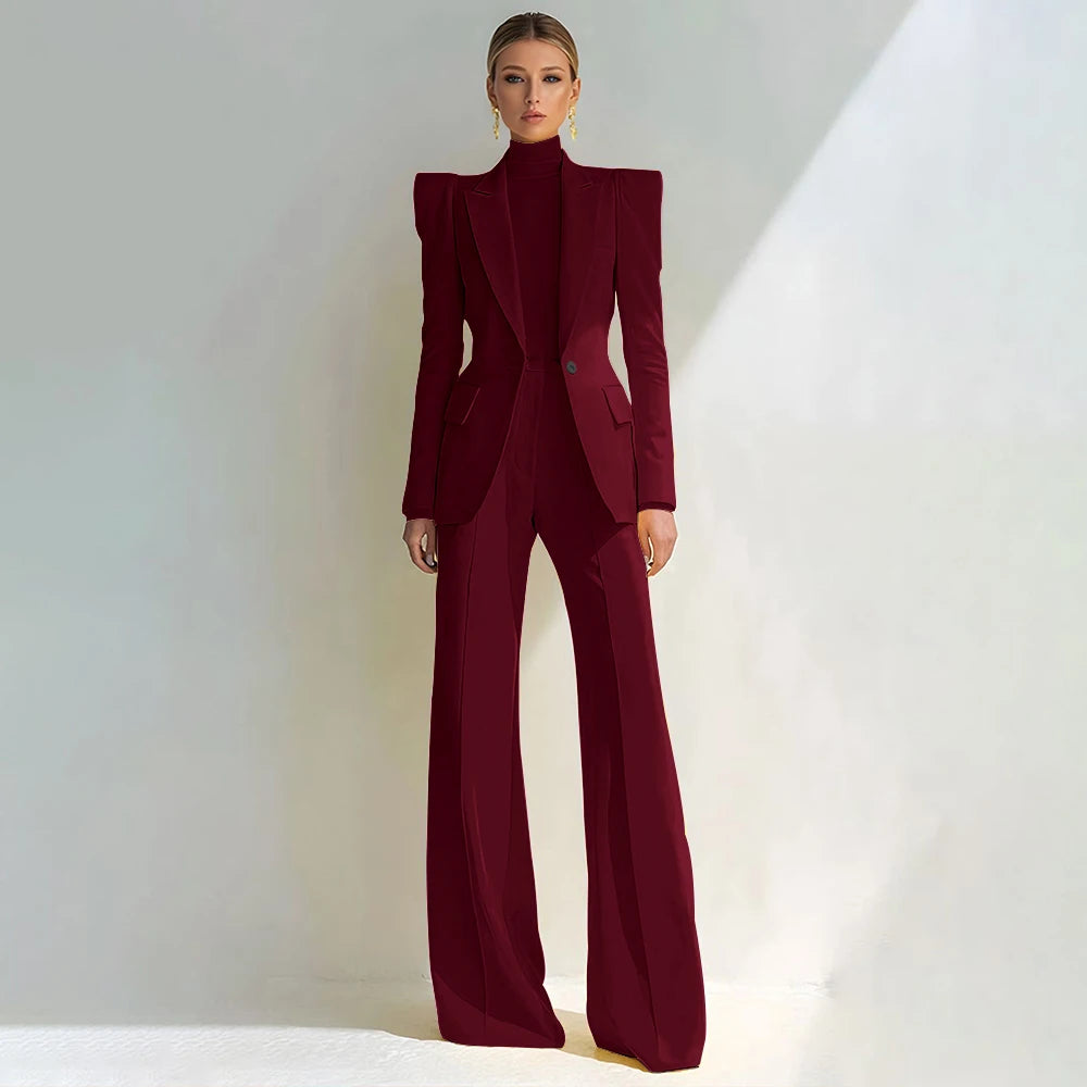 Costume rouge professionnel pour femmes, revers à pointe, bouton unique, Blazer élégant et pantalon évasé, ensemble 2 pièces, vêtements de bureau formels