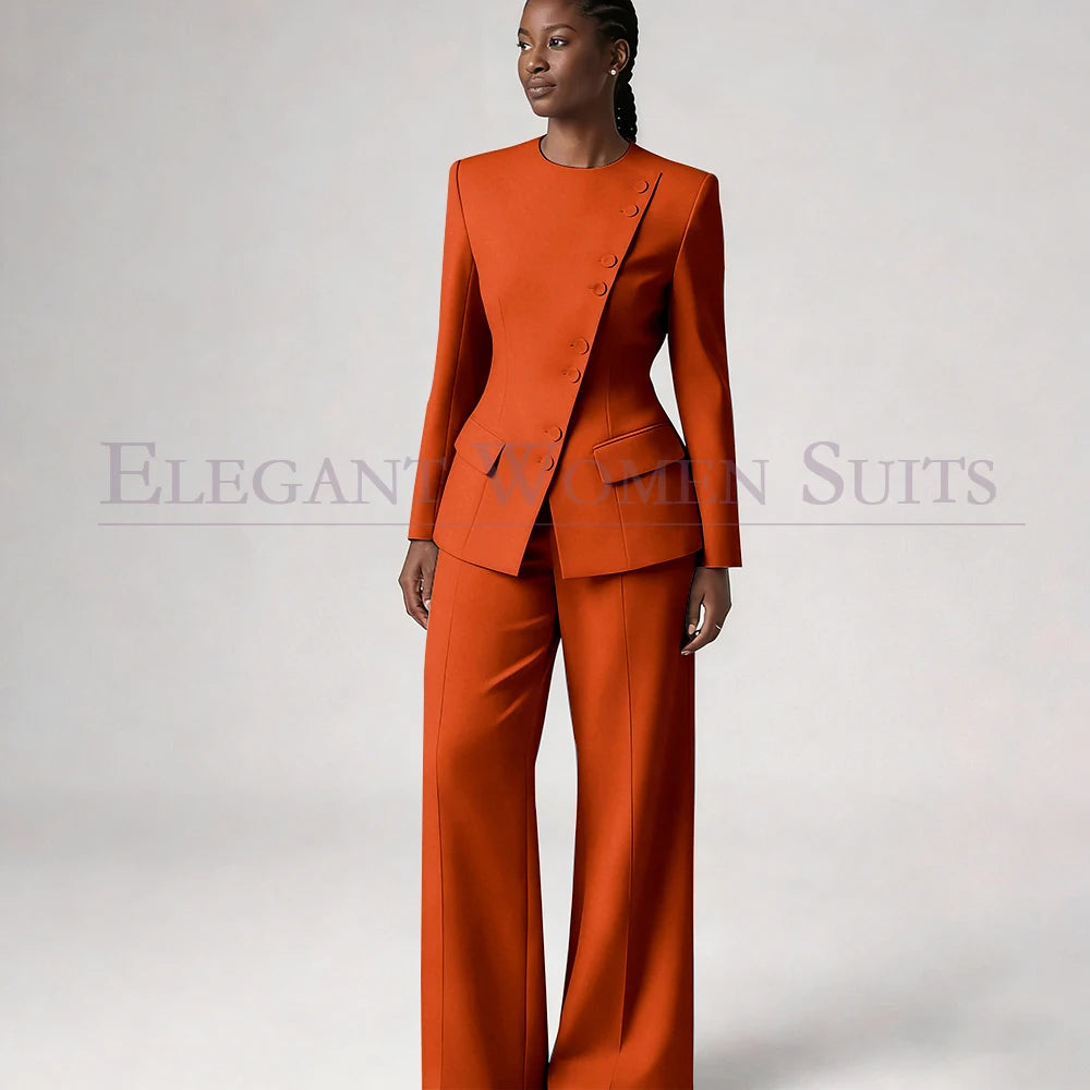 Costume de mode pour femme, blazer à simple boutonnage, col rond, longueur standard, ensemble 2 pièces veste et pantalon, tenue formelle de luxe