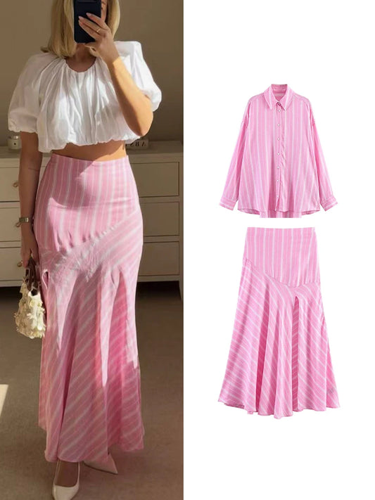 TFMLN 2026 Ensemble jupe et chemise mode femme, chemise rose à rayures à manches longues, col à revers et simple boutonnage, et jupe longue plissée à empiècements