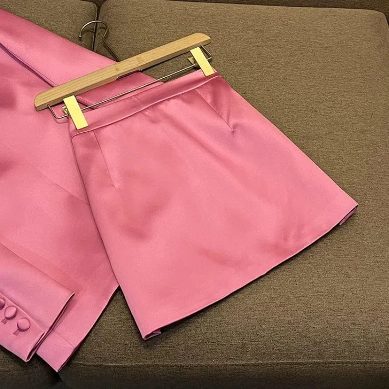 Blazer Slim Fit en satin rose, jupe couvrant les hanches, à la mode, ensemble deux pièces