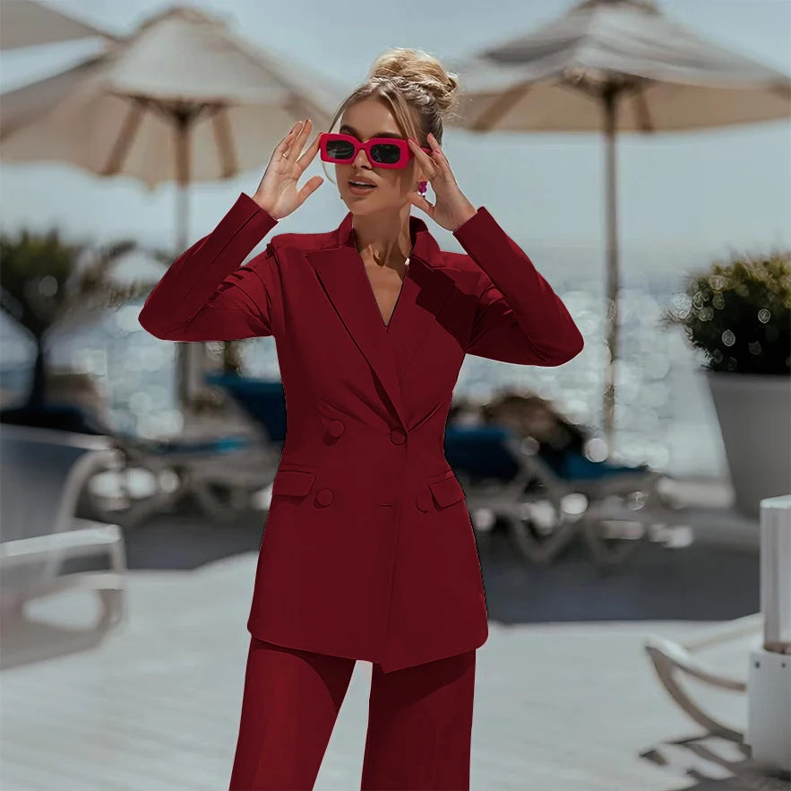 Ensemble Pantalon Rose Élégant à Double Boutonnage pour Femme, Tenue Décontractée, Slim, 03, Bal de Promo, (Veste + Pantalon), 2 Pièces