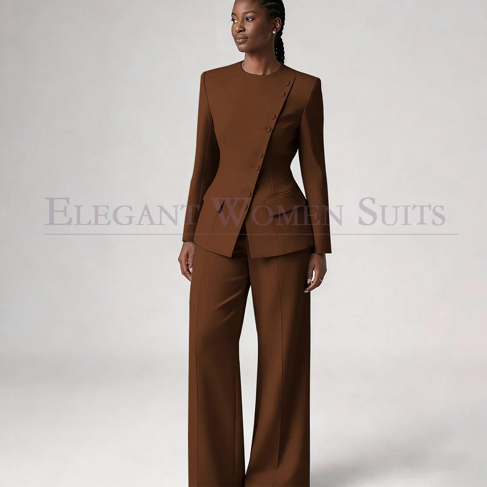 Costume de mode pour femme, blazer à simple boutonnage, col rond, longueur standard, ensemble 2 pièces veste et pantalon, tenue formelle de luxe