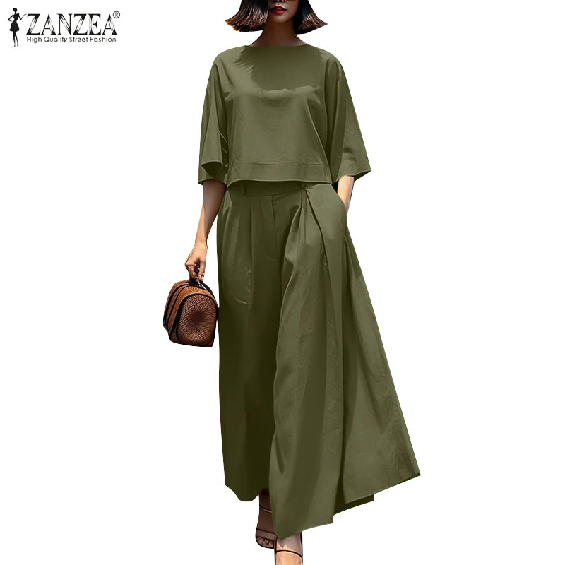 Mode été 3/4 manches Blouse pantalon costumes ZANZEA élégant femmes pantalons à jambes larges ensembles 2 pièces tenues décontractées travail OL survêtement
