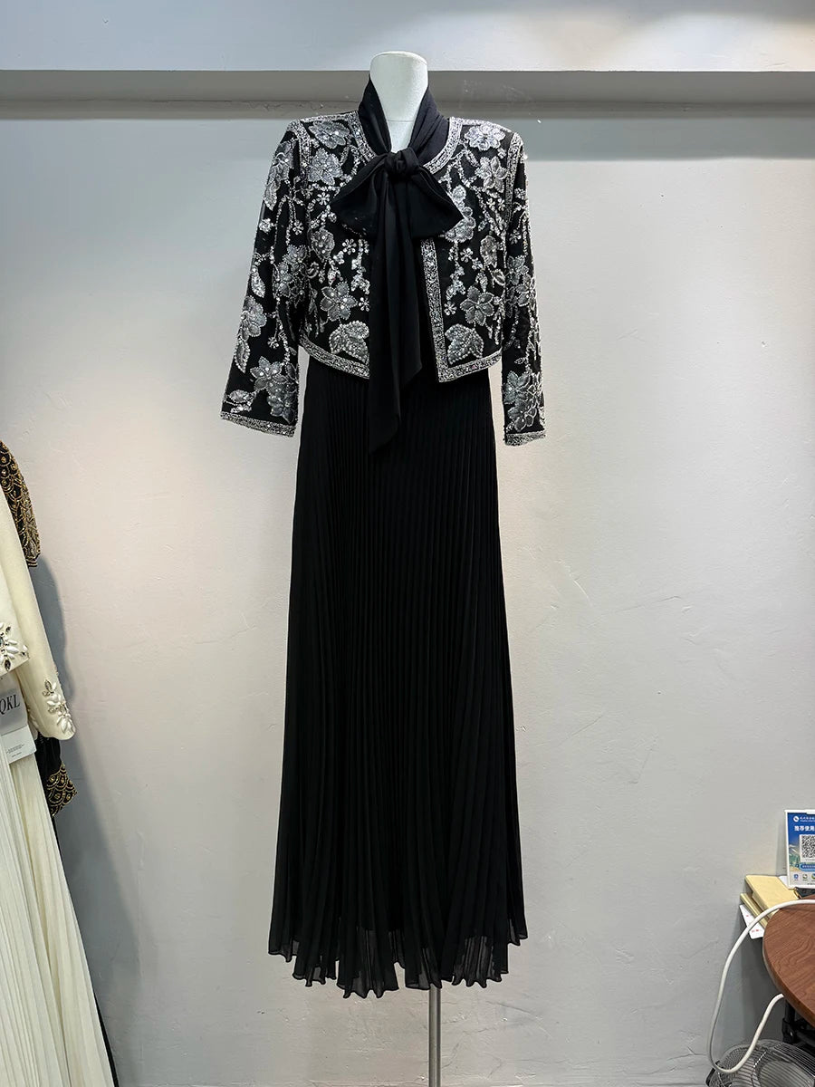 TWOTWINSTYLE Hit couleur deux pièces ensemble pour femmes col rond à manches longues manteau épissé à lacets sans manches taille haute robe ensembles femme