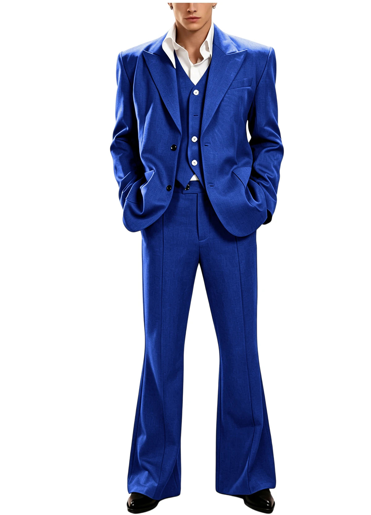 Ensemble de costume 3 pièces vintage pour homme, revers pointu, coupe ajustée, blazer croisé à 2 boutons, gilet et pantalon évasé pour occasions formelles, affaires et mariages