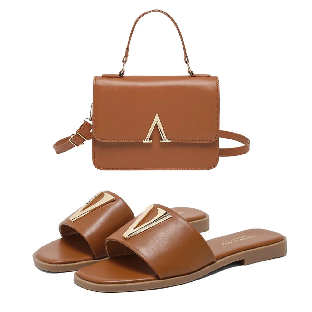 Ensemble de sacs à main et sandales en PU pour femmes, chaussures plates, sacs à main assortis, pantoufles, tongs, haute qualité