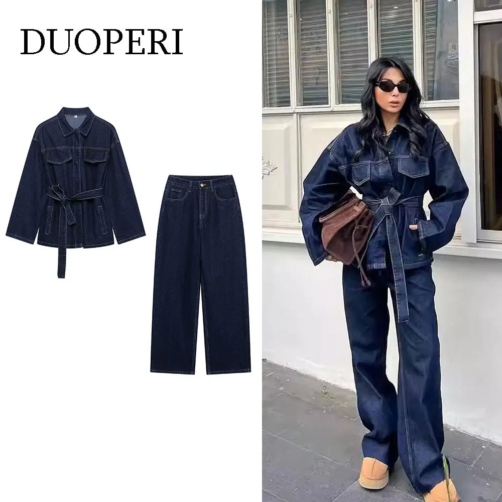 DUOPERI femmes mode 2 pièces ensembles avec ceinture vestes en jean et Vintage avant fermeture éclair jean pantalon Feamle Chic dame pantalons ensembles