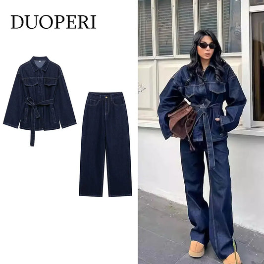 DUOPERI femmes mode 2 pièces ensembles avec ceinture vestes en jean et Vintage avant fermeture éclair jean pantalon Feamle Chic dame pantalons ensembles