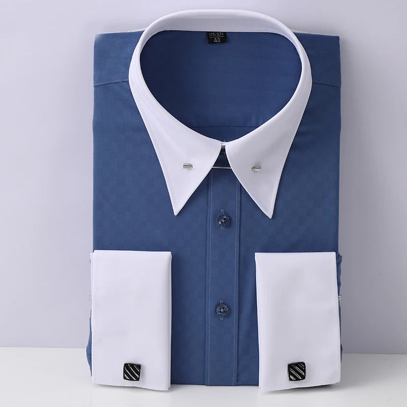 Boutons de manchette français brodés pour hommes, chemise à manches longues avec épingles à col, chemise habillée à grand col pour vêtements de cérémonie d'affaires, Gentlema