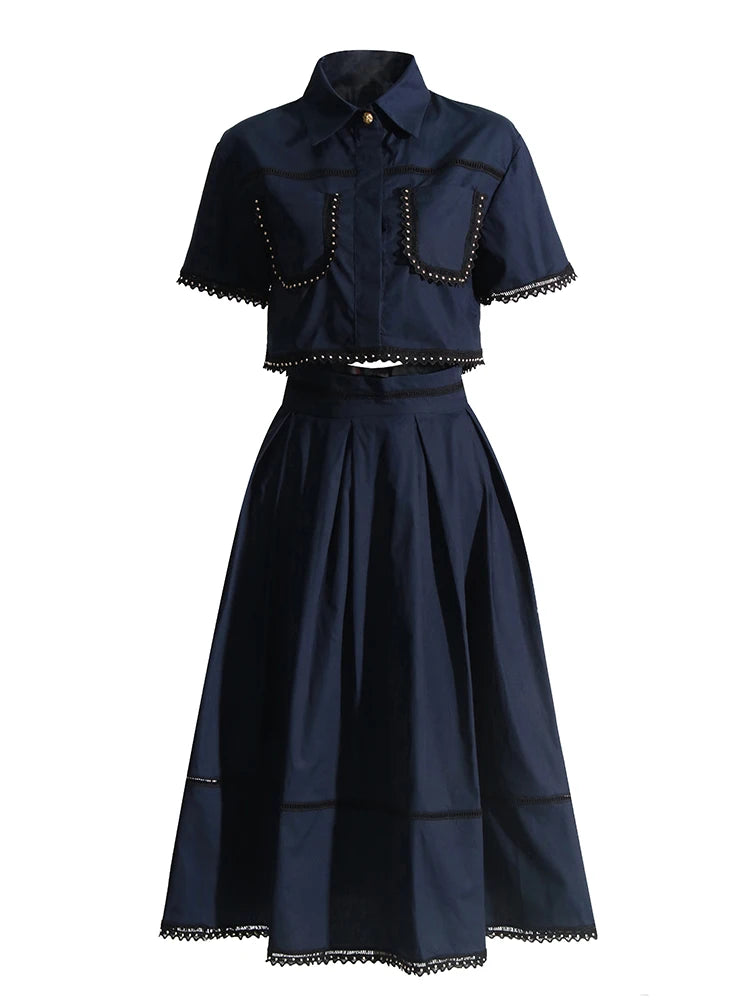 TWOTWINSTYLE – ensemble deux pièces pour femmes, couleur unie, haut à manches courtes, taille haute, jupe trapèze, Slim, mode féminine, nouveau, été